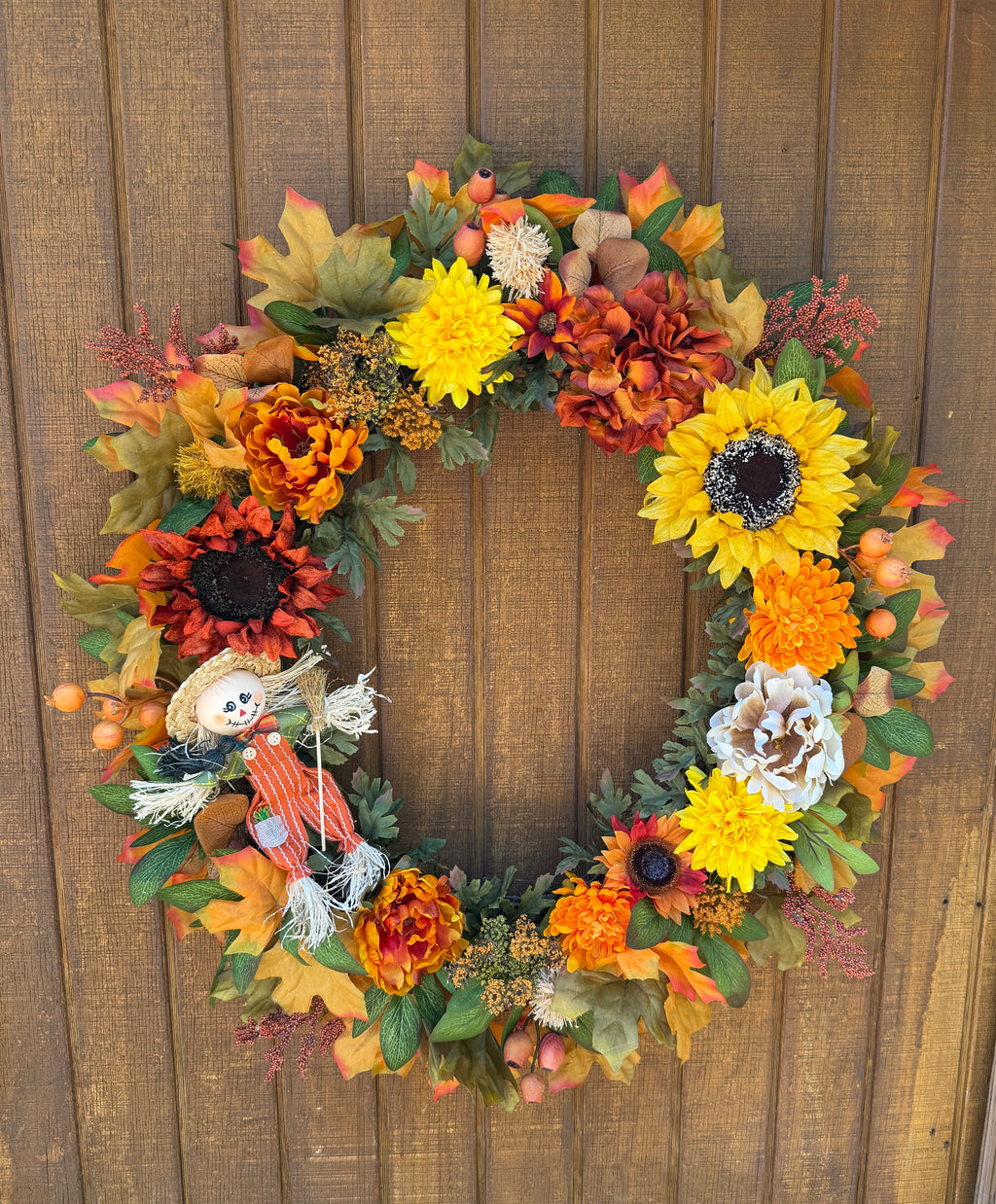 Oversized Scarecrow Sunflower Fall Wreath | Orange, Yellow, Rust & Cream | 34” Round