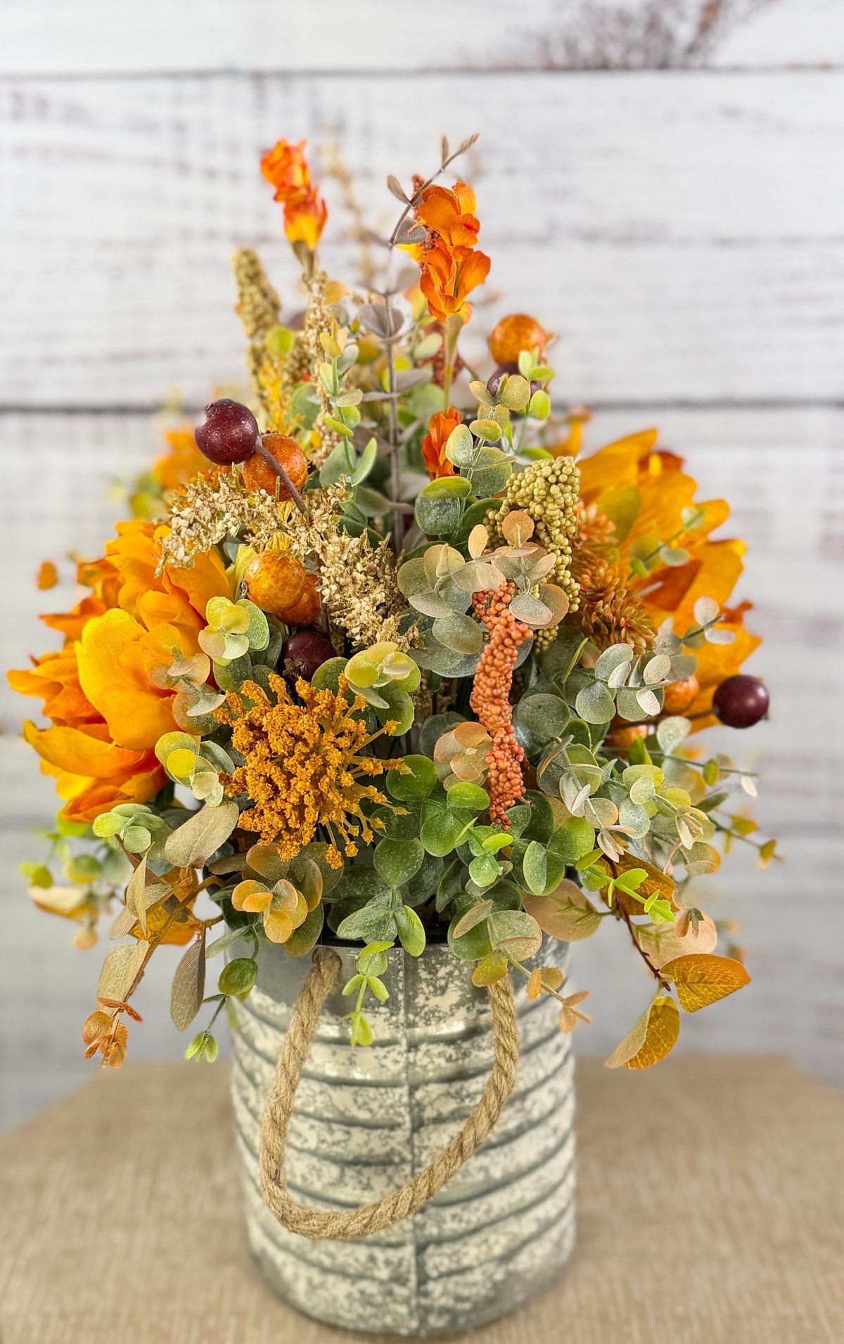 Golden Prairie – Fall Floral Arrangement in Rustic Galvanized Oval Bucket