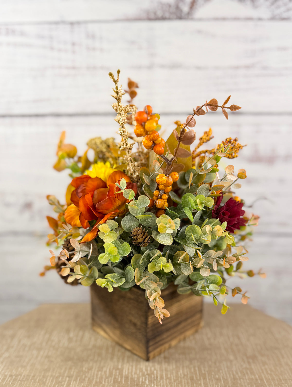 Autumn Grove Fall Floral Arrangement | Wood Cube Centerpiece