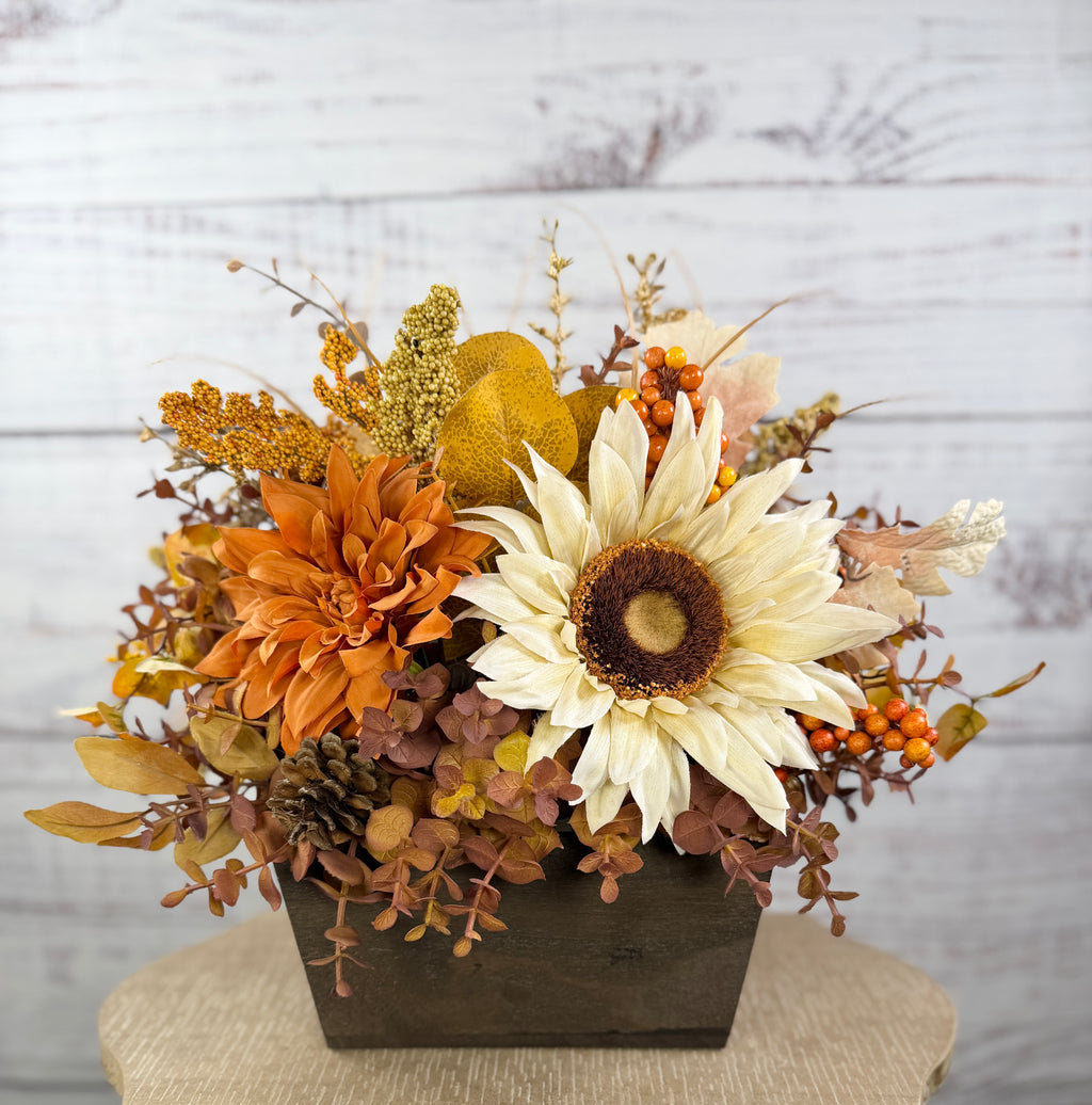 October Sun – Fall Sunflower Wood Trough Arrangement