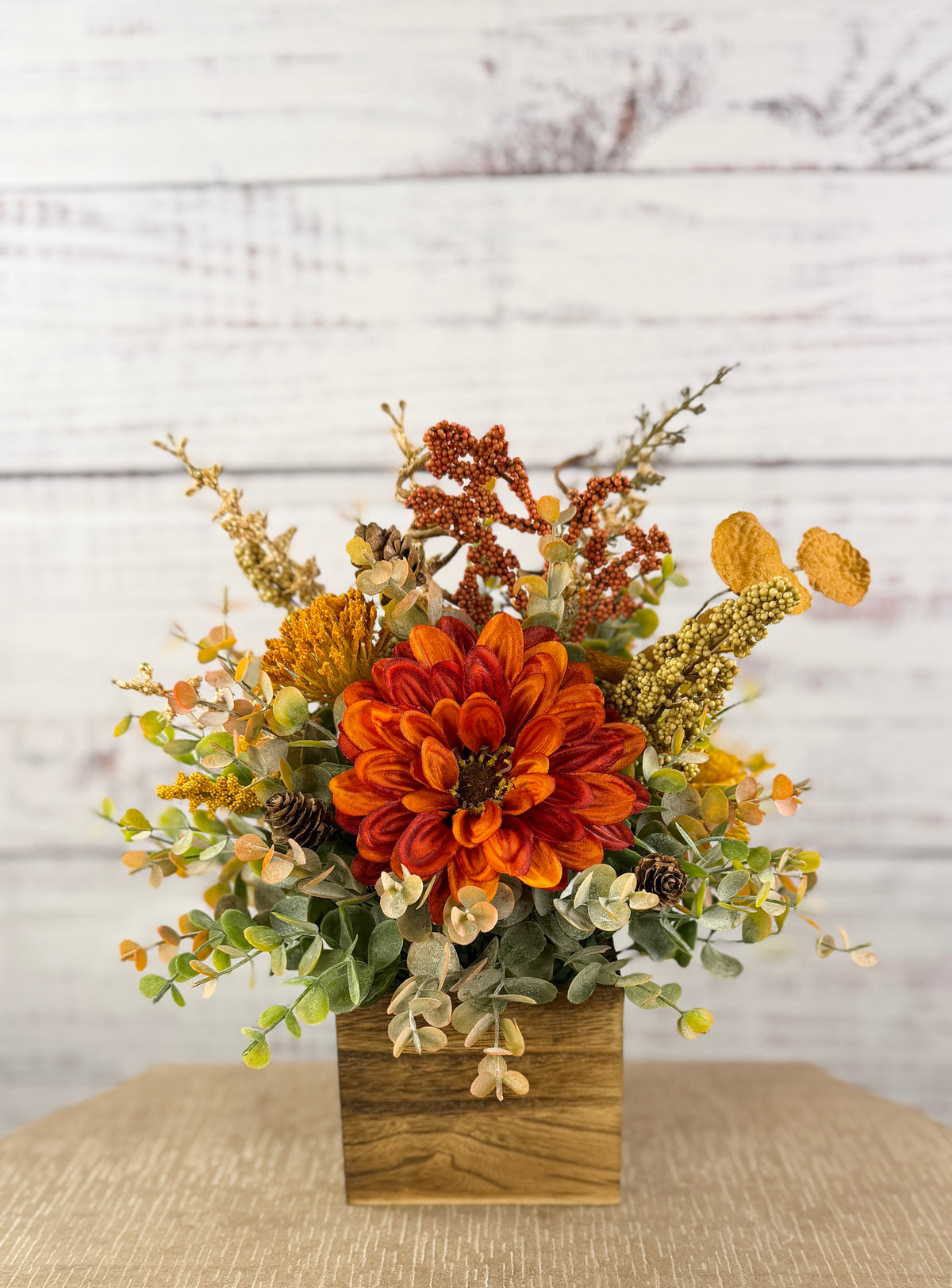 Copper Grove Fall Floral Arrangement in Wood Cube Box