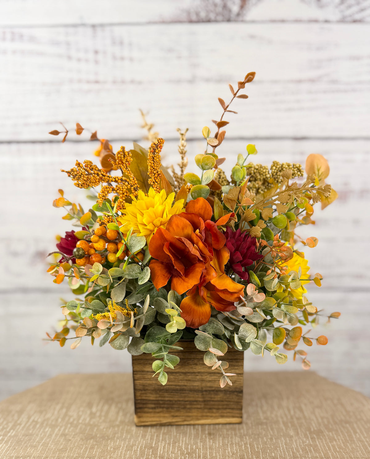 Autumn Grove Fall Floral Arrangement | Wood Cube Centerpiece