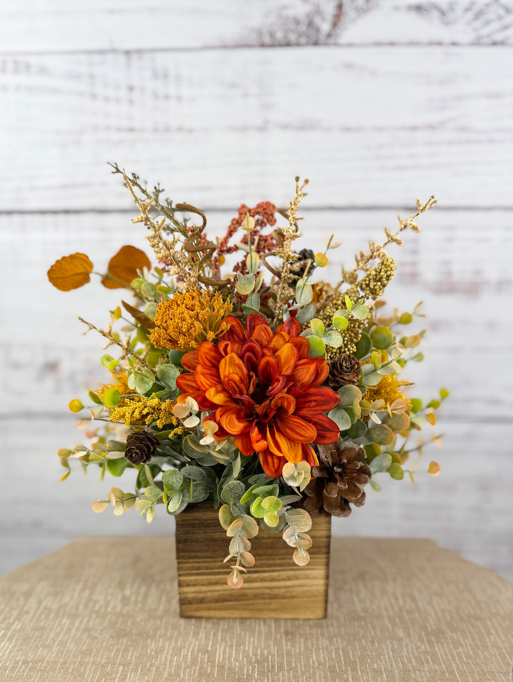 Copper Grove Fall Floral Arrangement in Wood Cube Box