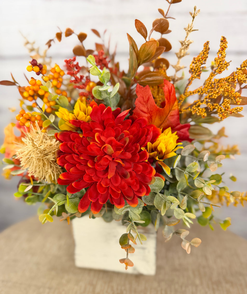 Crimson Harvest – Rustic Fall Floral Arrangement in White Wood Cube