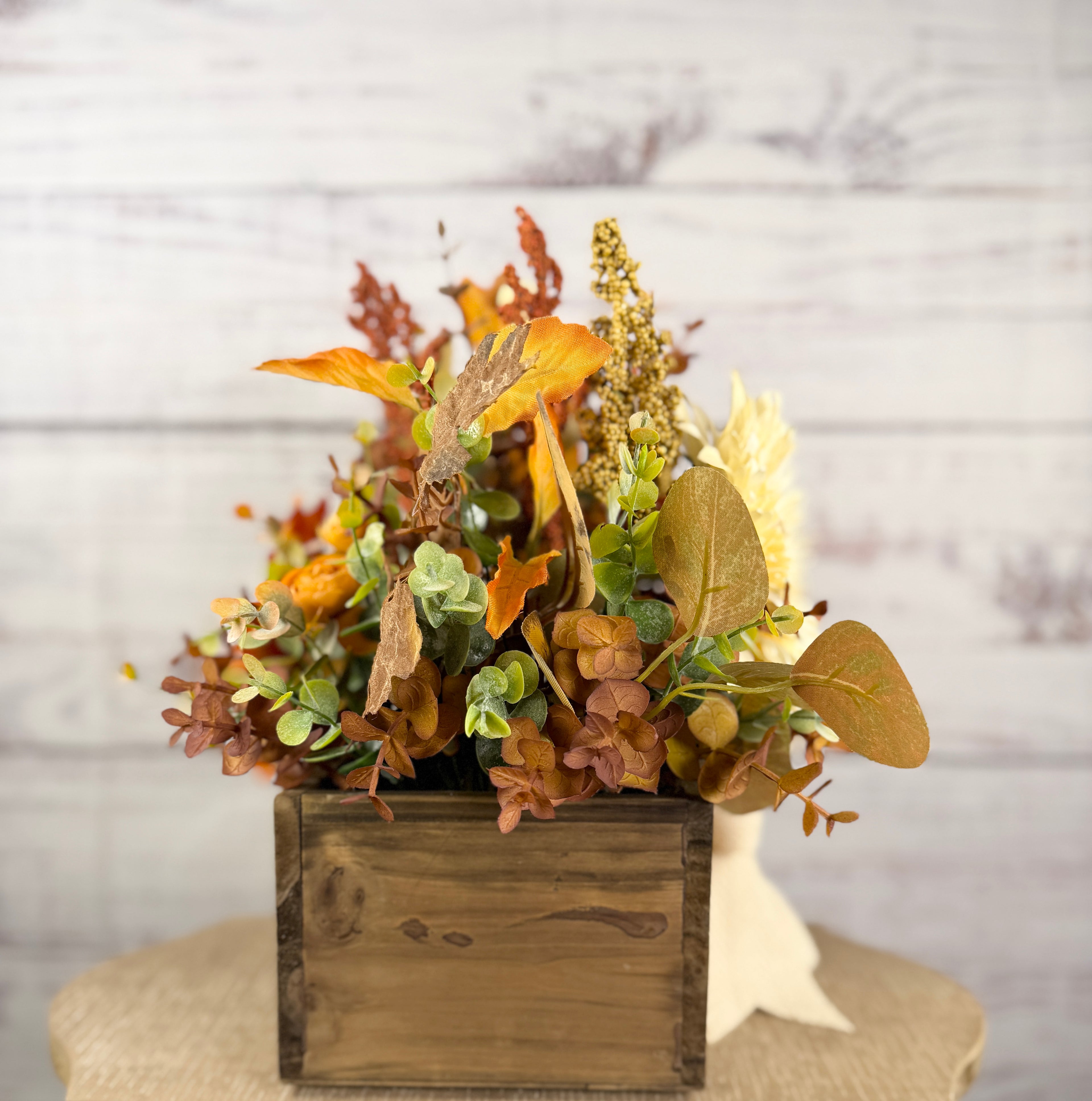 Harvest Haven Fall Wood Trough Arrangement