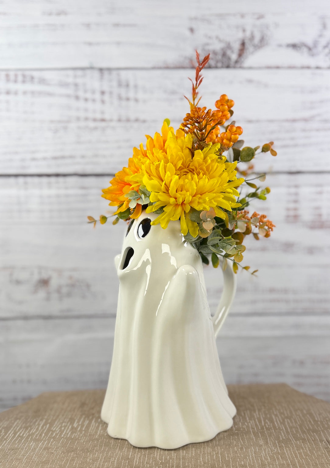 Harvest Haunt – Ceramic Ghost Fall Floral Arrangement