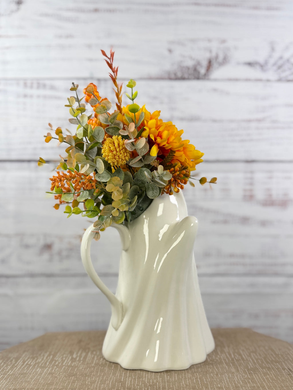 Harvest Haunt – Ceramic Ghost Fall Floral Arrangement