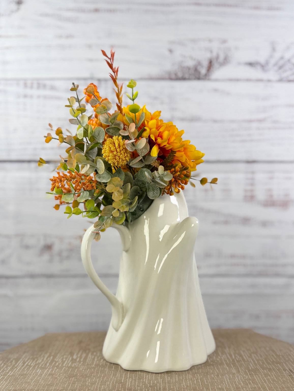 Harvest Haunt – Ceramic Ghost Fall Floral Arrangement