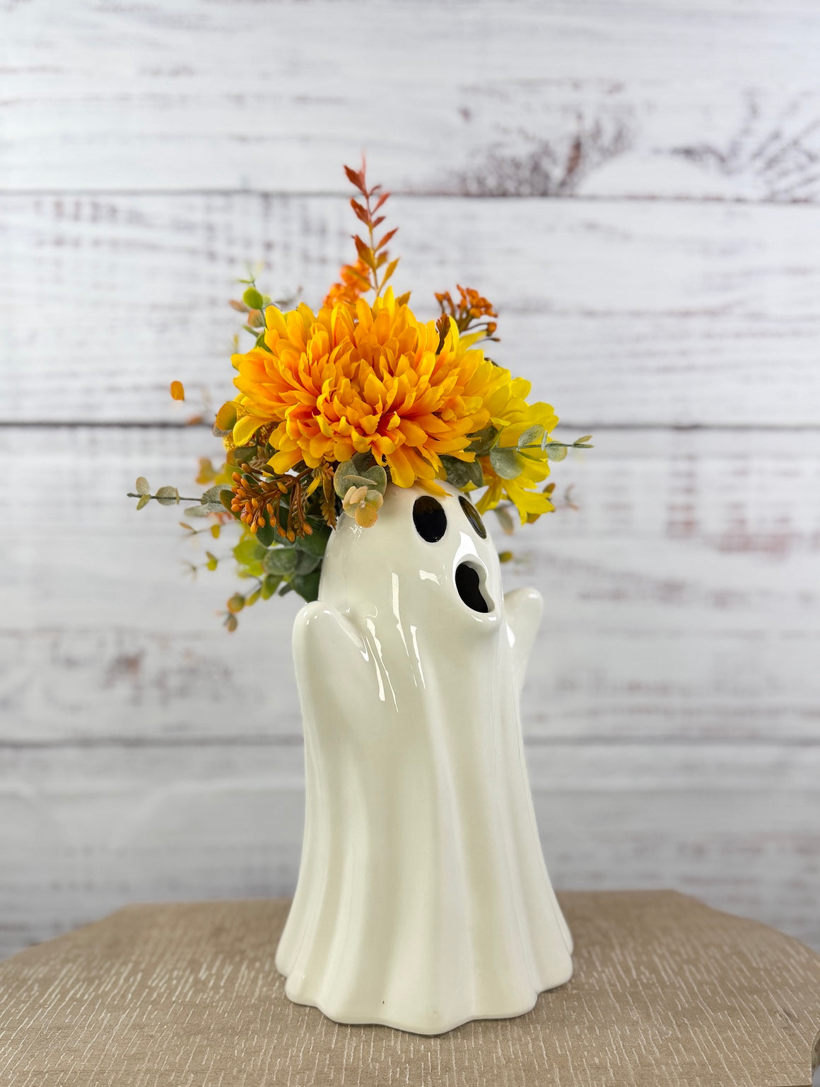 Harvest Haunt – Ceramic Ghost Fall Floral Arrangement