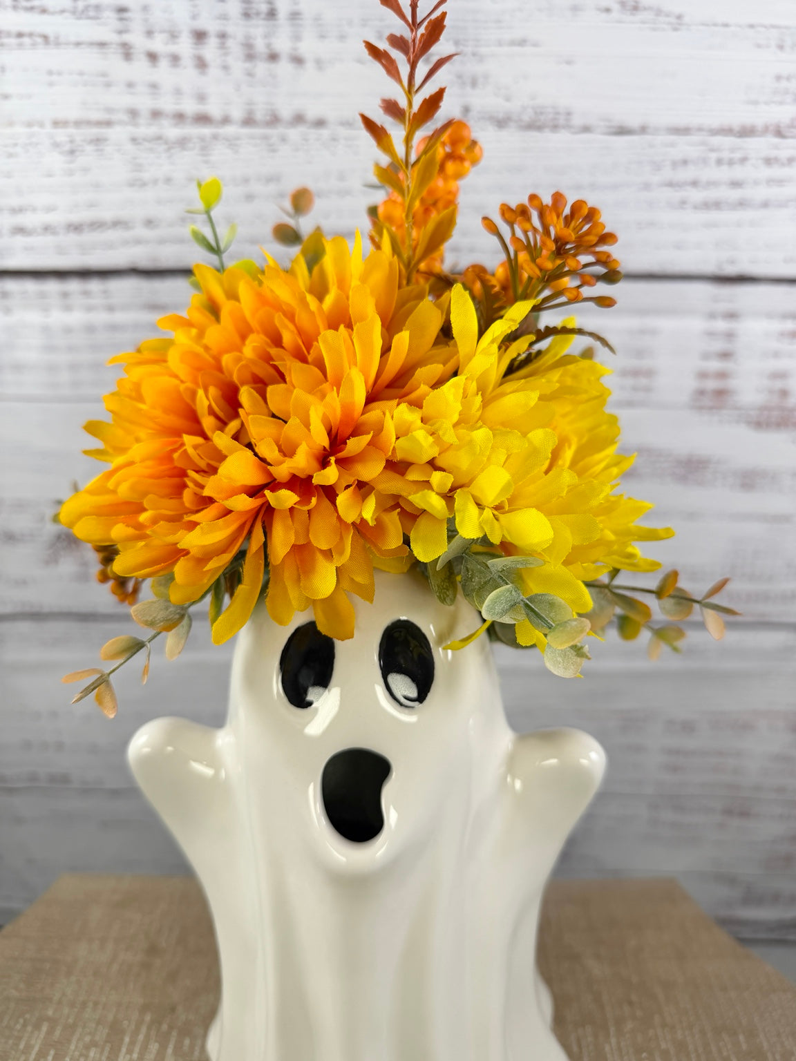 Harvest Haunt – Ceramic Ghost Fall Floral Arrangement