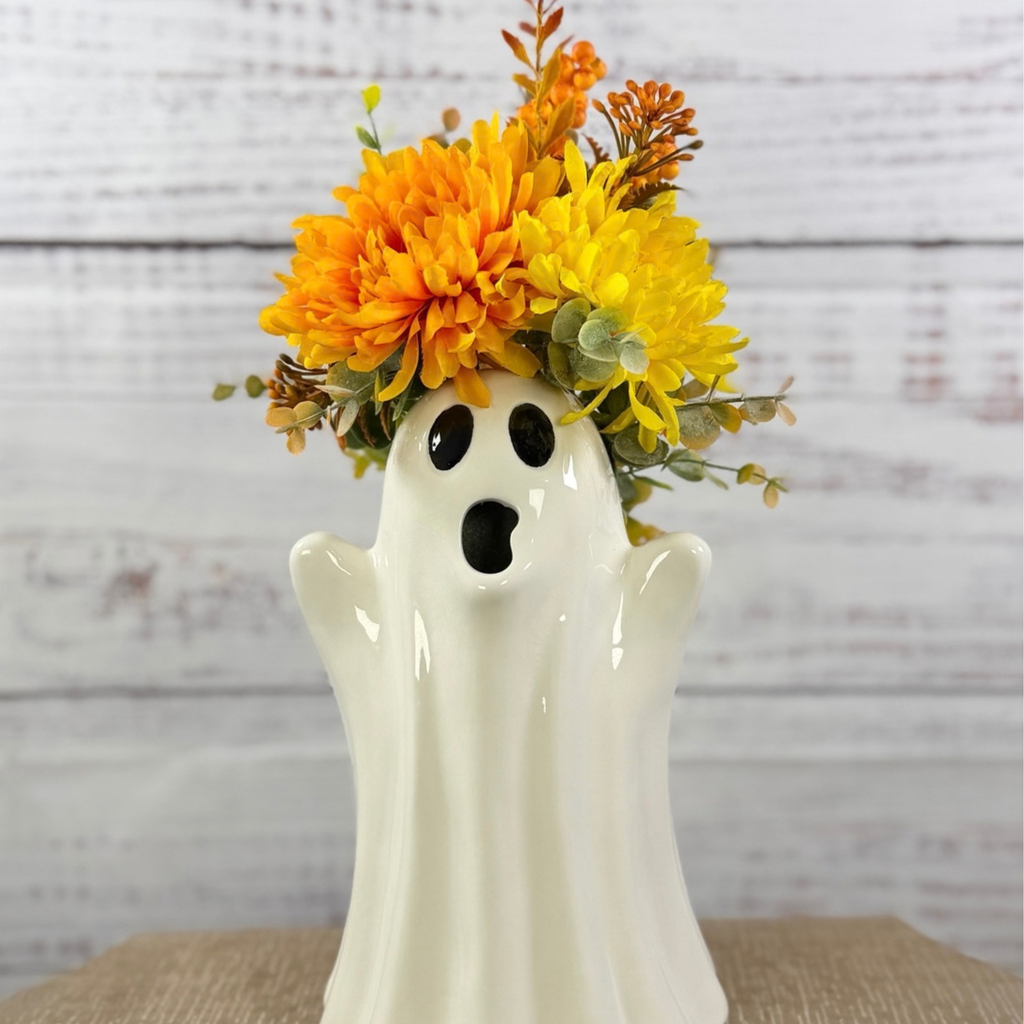 Harvest Haunt – Ceramic Ghost Fall Floral Arrangement