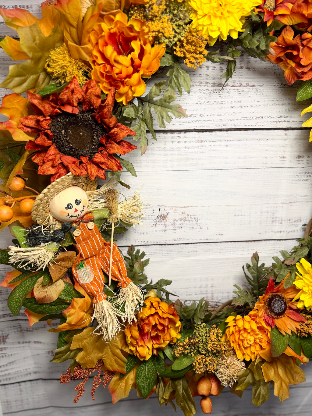 Oversized Scarecrow Sunflower Fall Wreath | Orange, Yellow, Rust & Cream | 34” Round