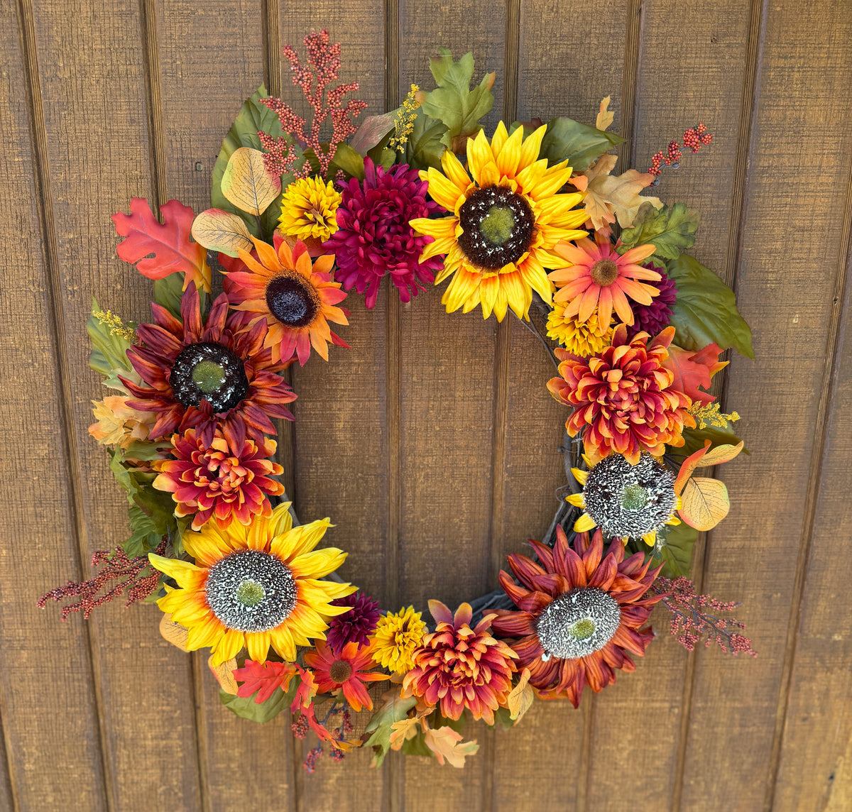 Sunflower Fall Floral Wreath | Orange, Yellow & Burgundy | 27" Round