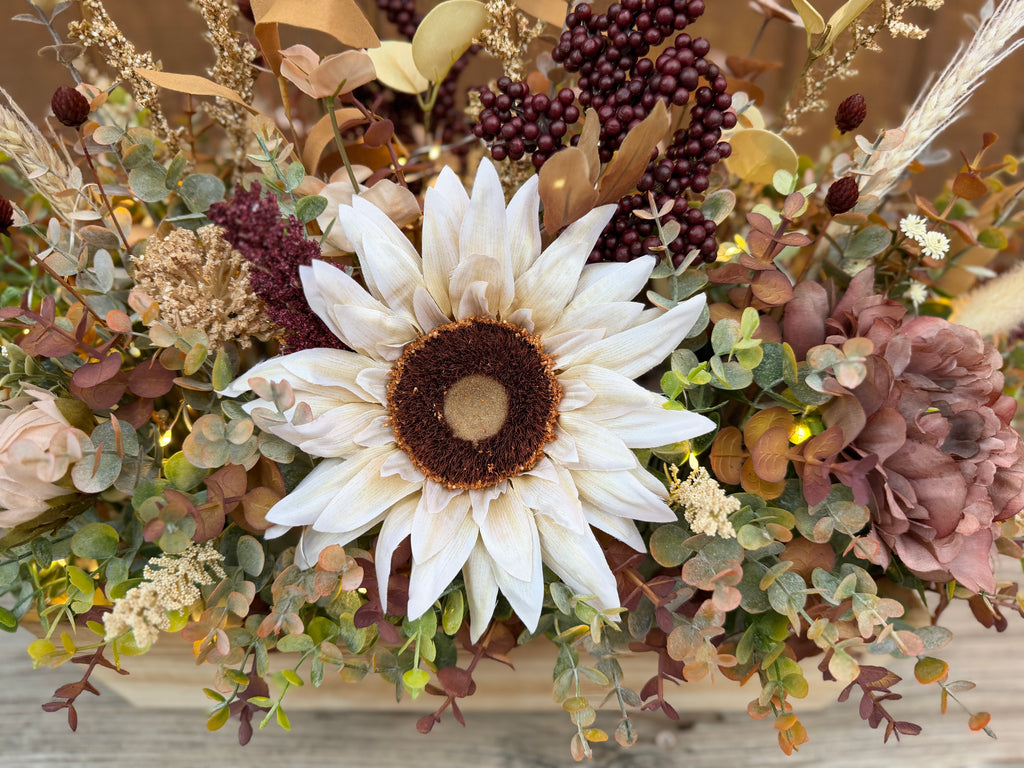 Lighted Sunflower Fall Floral Arrangement – Burgundy & Mauve Wood Trough