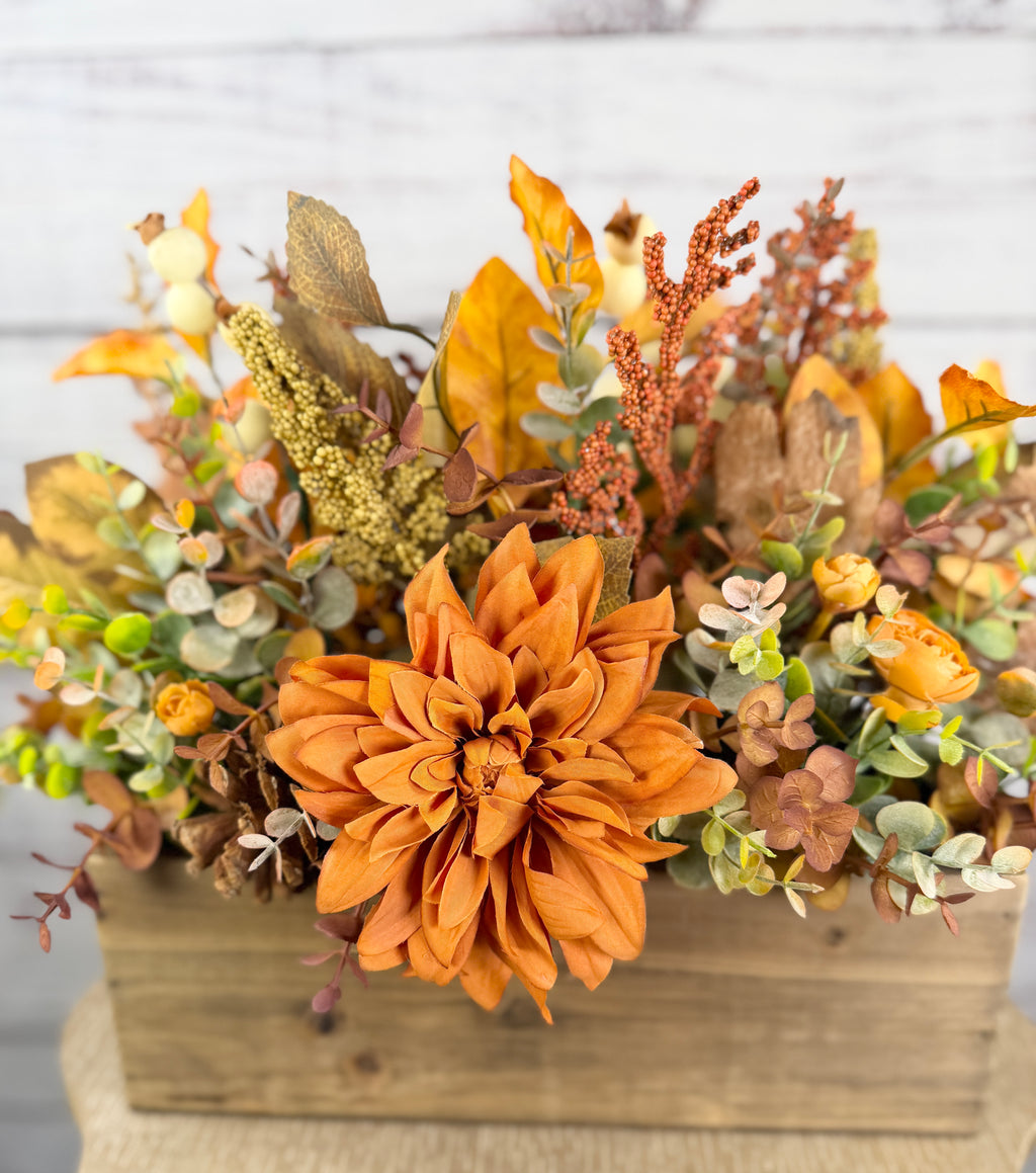 Harvest Haven Fall Wood Trough Arrangement