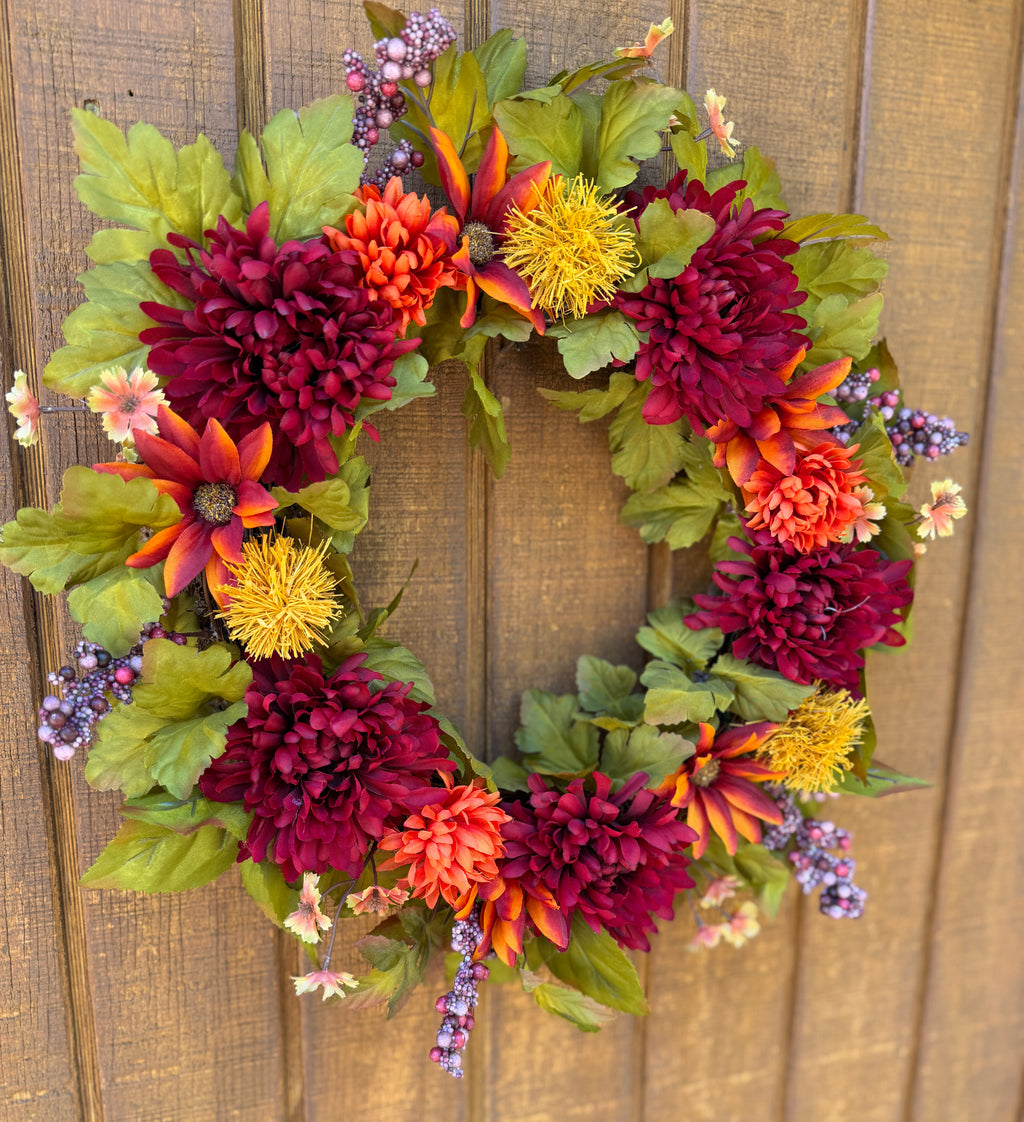 Burgundy Mum Fall Wreath | Burgundy, Orange & Olive Green