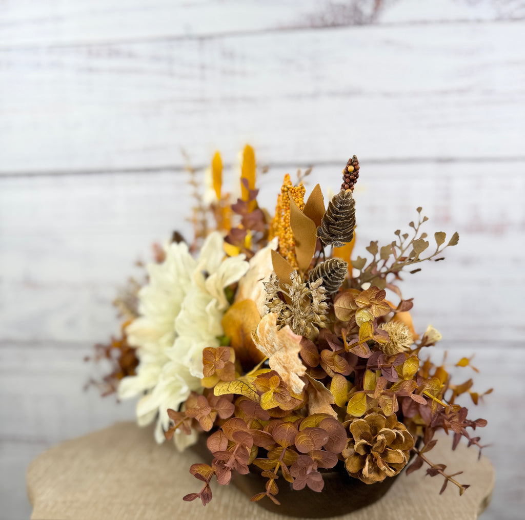 Cream Sunflower Fall Dough Bowl Arrangement