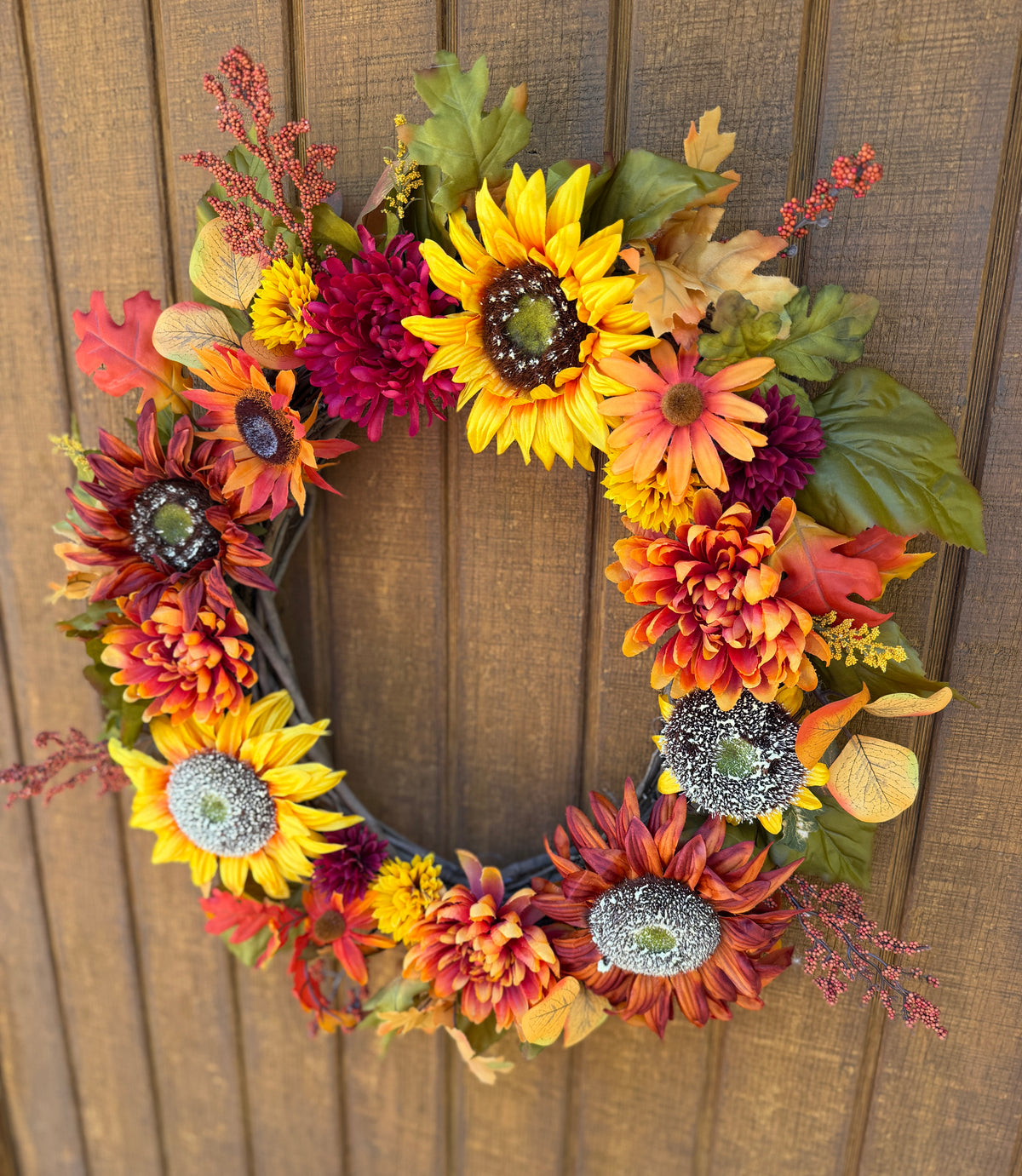 Sunflower Fall Floral Wreath | Orange, Yellow & Burgundy | 27" Round