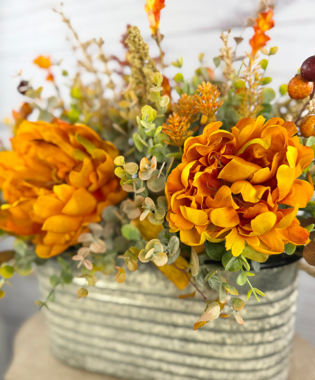 Golden Prairie – Fall Floral Arrangement in Rustic Galvanized Oval Bucket