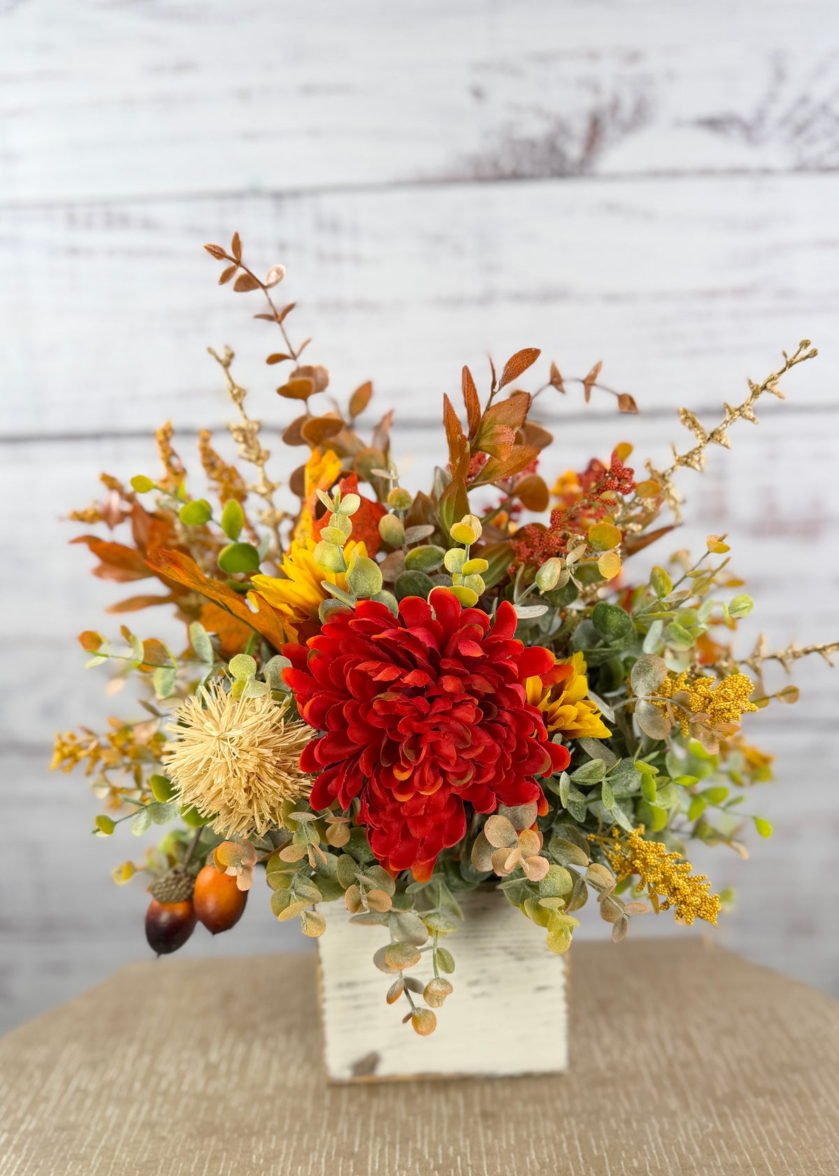 Crimson Harvest – Rustic Fall Floral Arrangement in White Wood Cube