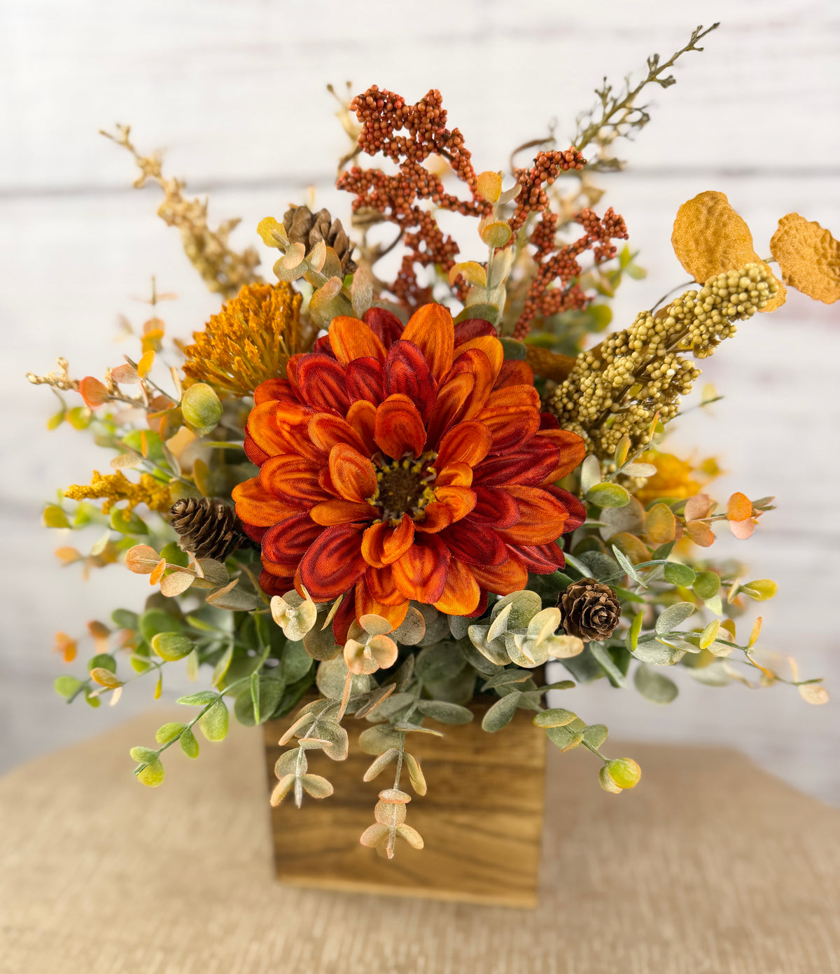 Copper Grove Fall Floral Arrangement in Wood Cube Box