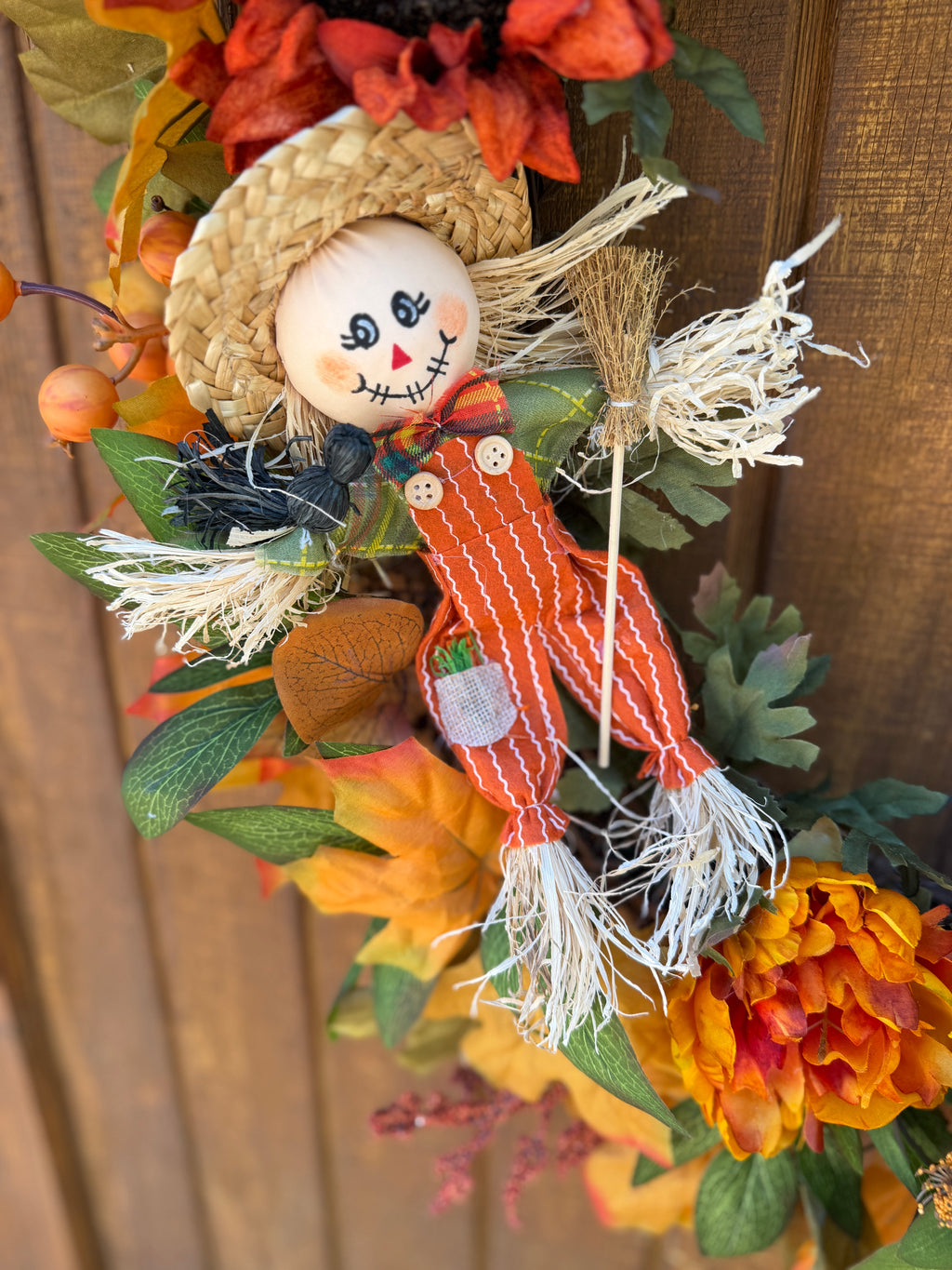 Oversized Scarecrow Sunflower Fall Wreath | Orange, Yellow, Rust & Cream | 34” Round