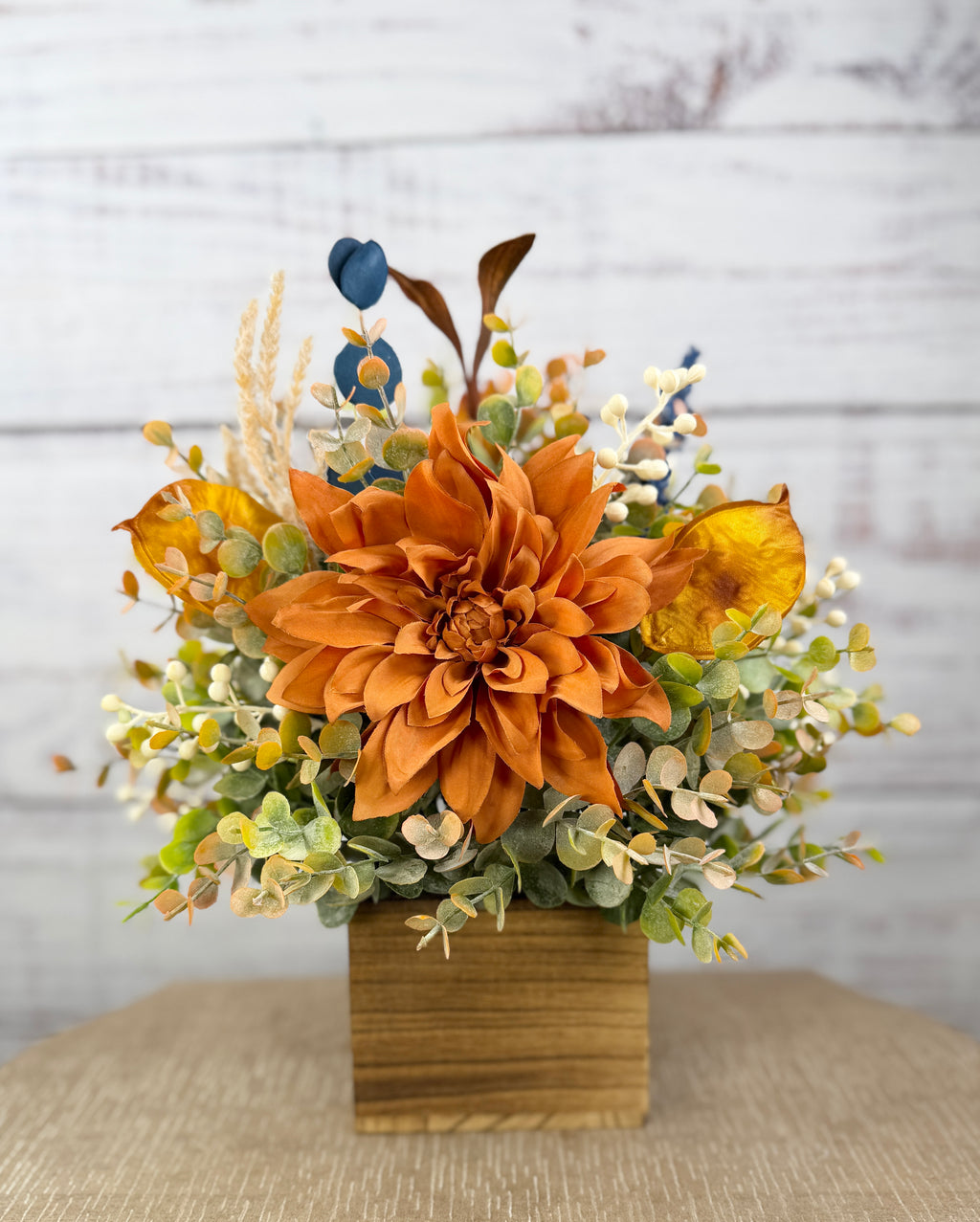 Copper Meadow Fall Floral Arrangement in Wood Cube