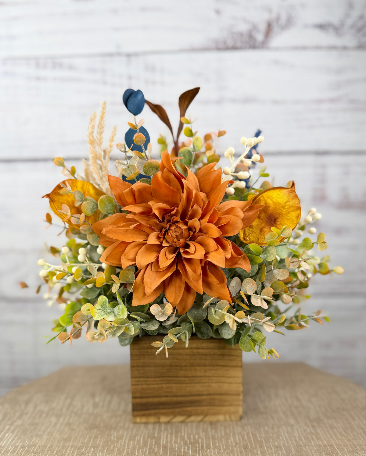 Copper Meadow Fall Floral Arrangement in Wood Cube