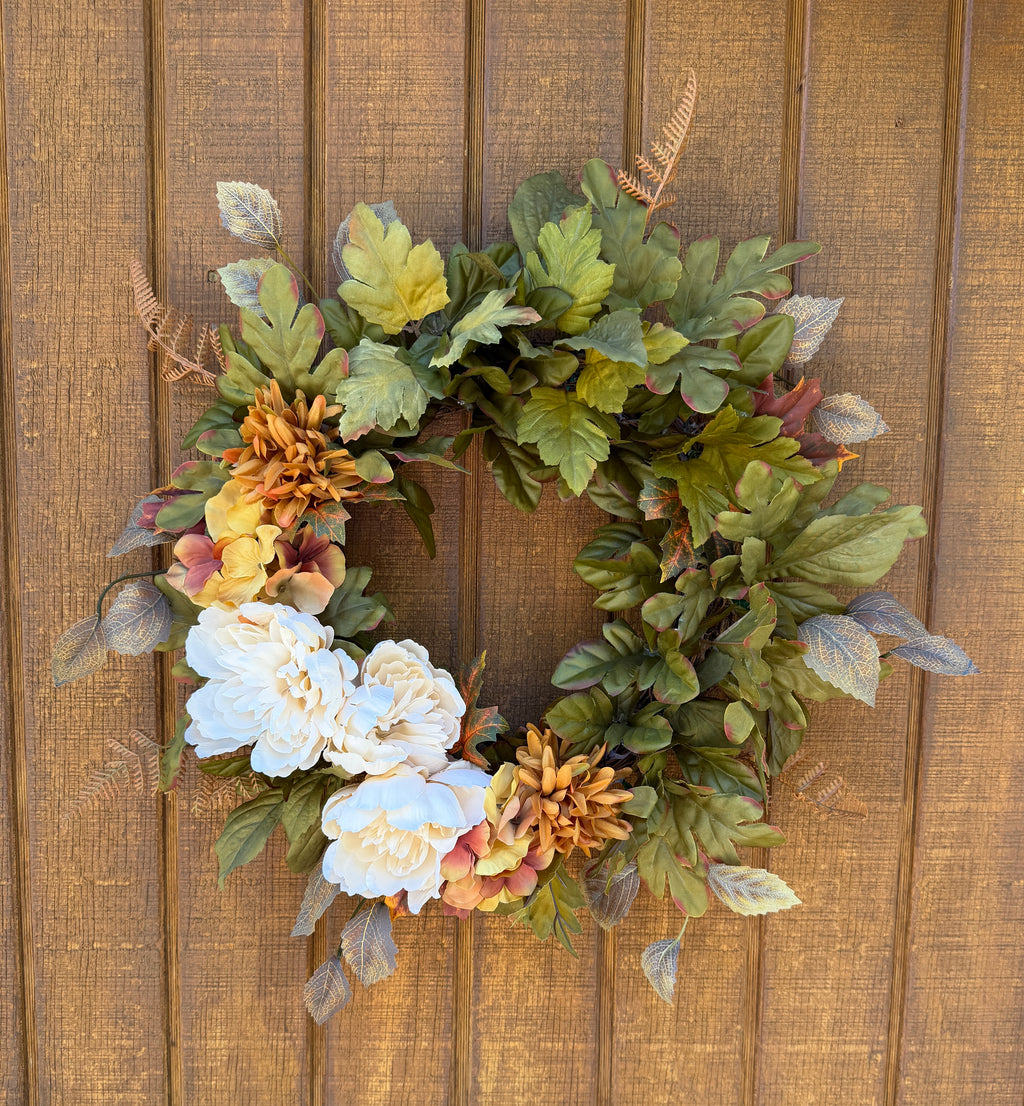 Cream Peony Fall Wreath | Cream, Olive Green & Warm Gold