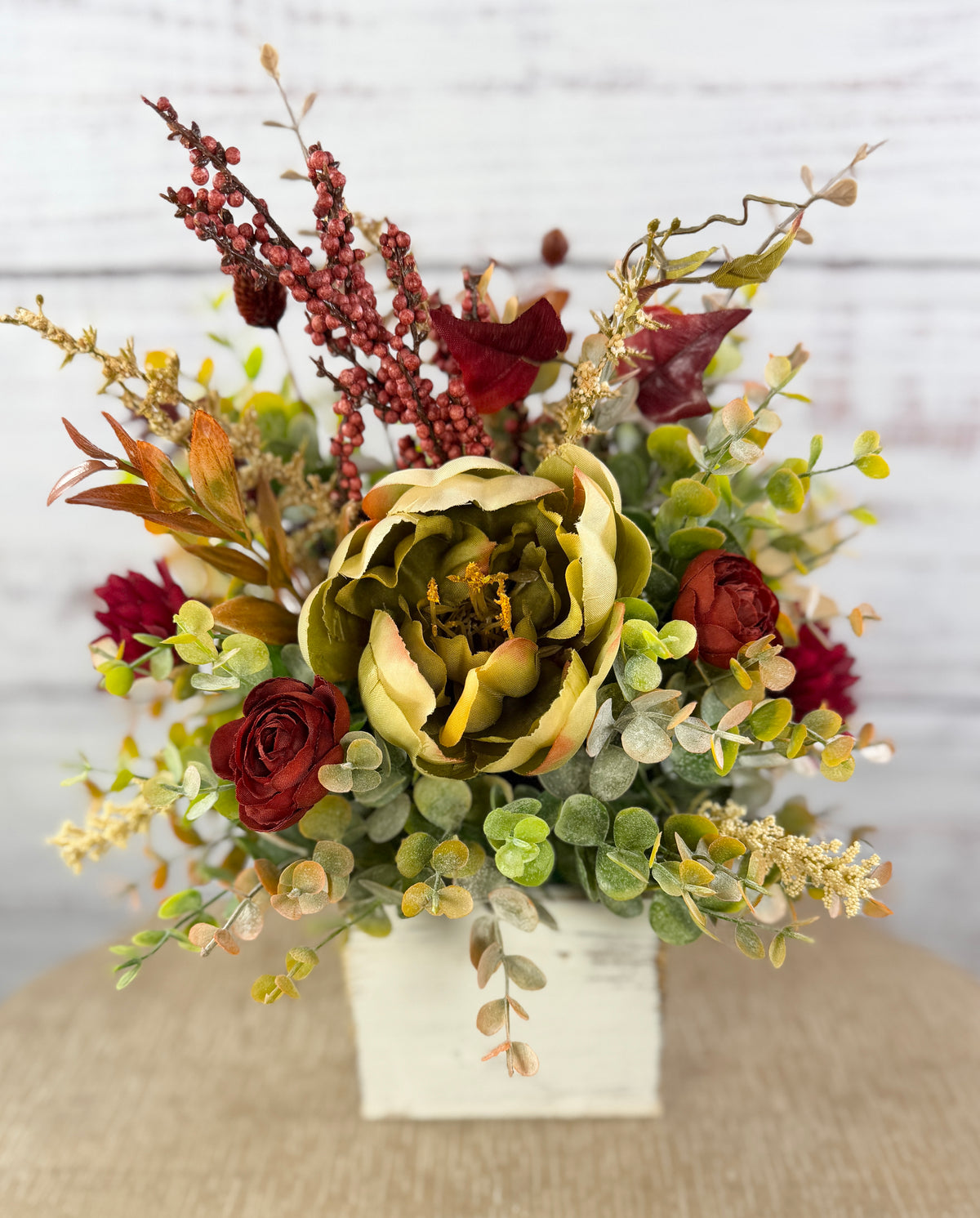 Cottage Crimson – Fall Floral Arrangement in Distressed Wood Cube