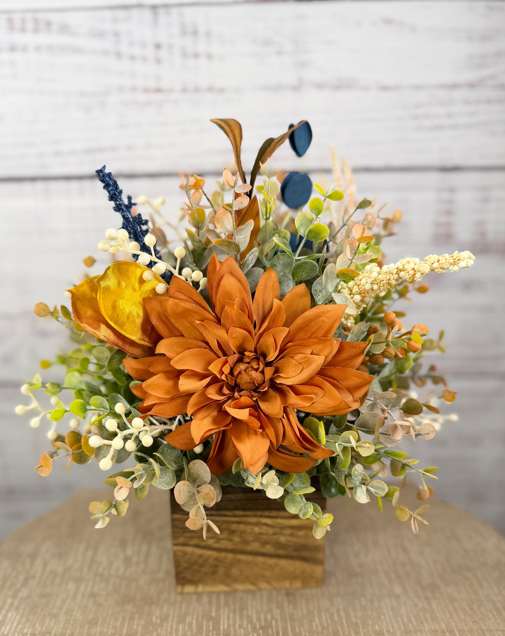 Copper Meadow Fall Floral Arrangement in Wood Cube