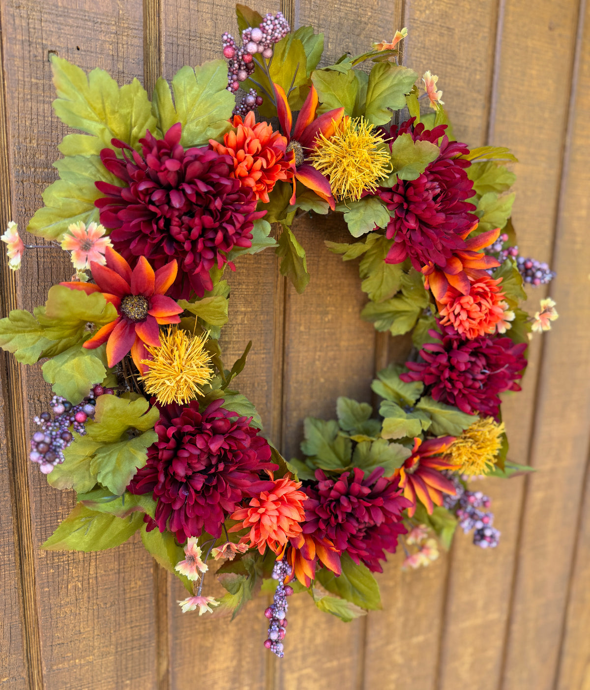 Burgundy Mum Fall Wreath | Burgundy, Orange & Olive Green