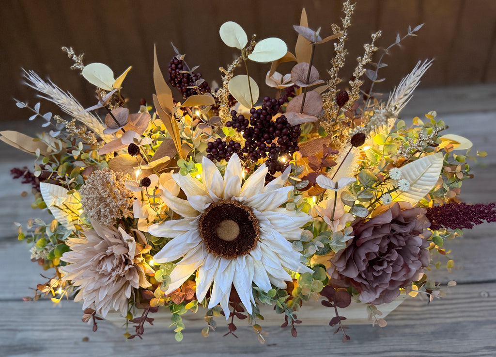 Lighted Sunflower Fall Floral Arrangement – Burgundy & Mauve Wood Trough