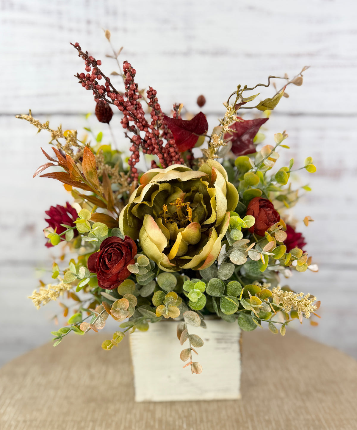 Cottage Crimson – Fall Floral Arrangement in Distressed Wood Cube