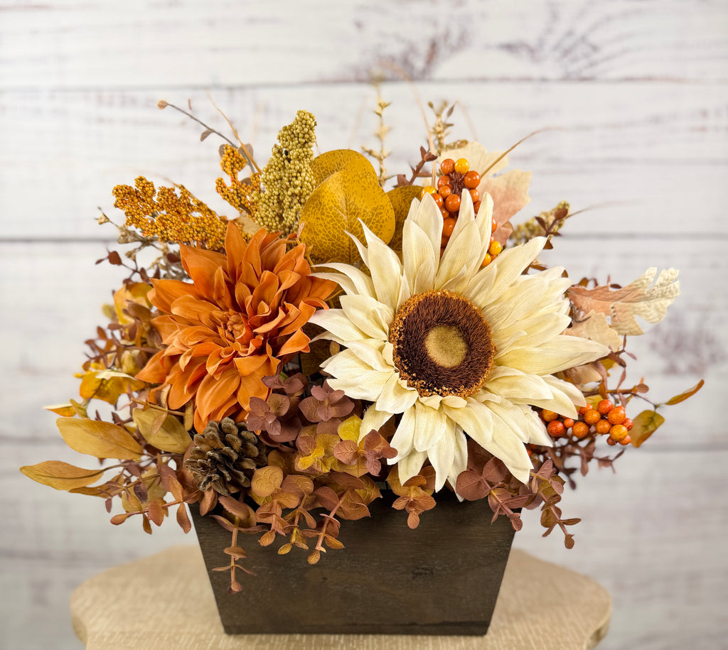 October Sun – Fall Sunflower Wood Trough Arrangement