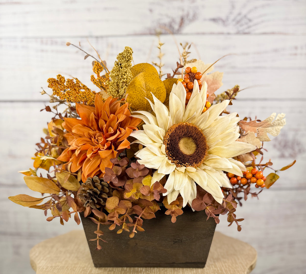 October Sun – Fall Sunflower Wood Trough Arrangement