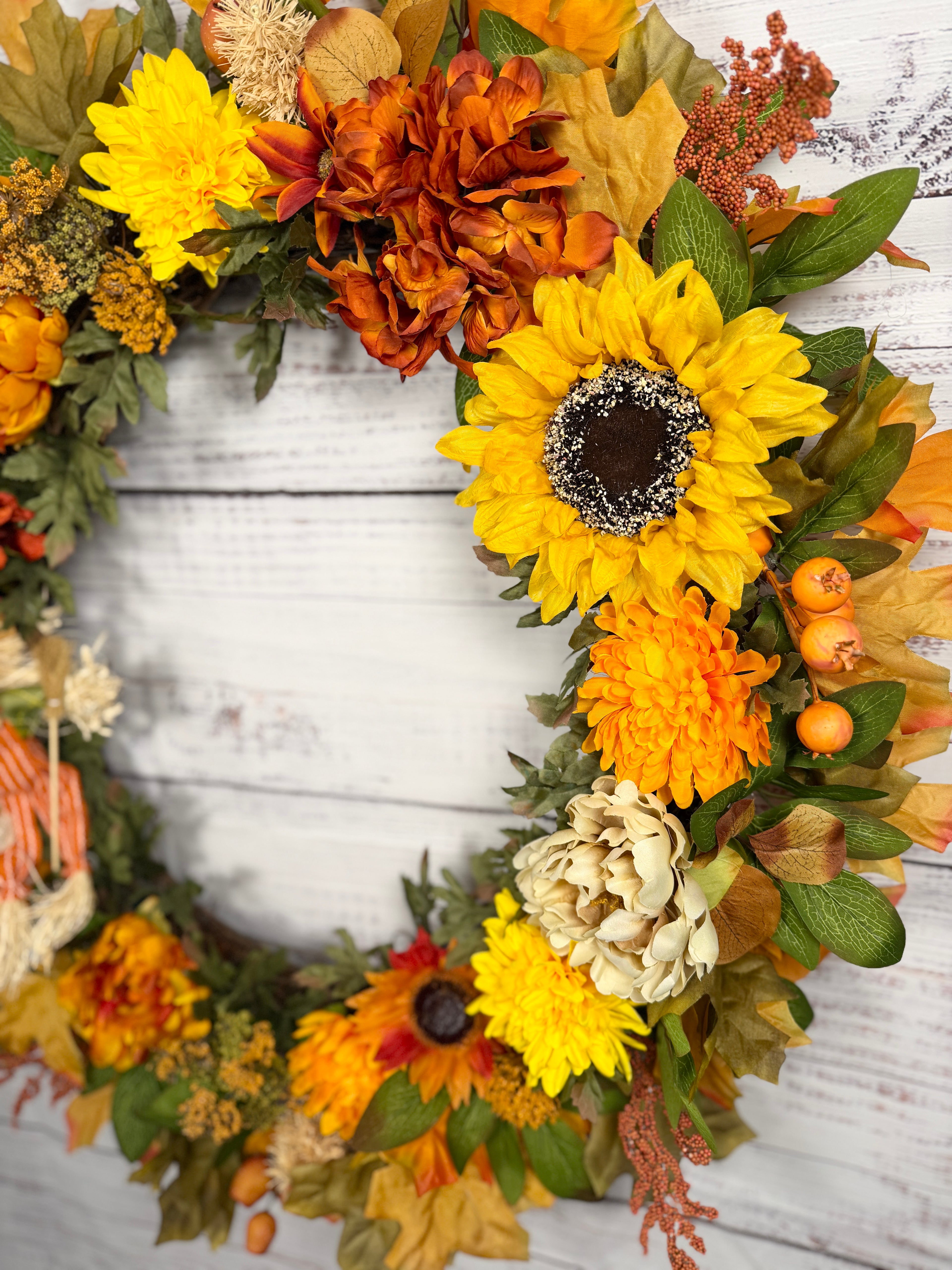 Oversized Scarecrow Sunflower Fall Wreath | Orange, Yellow, Rust & Cream | 34” Round