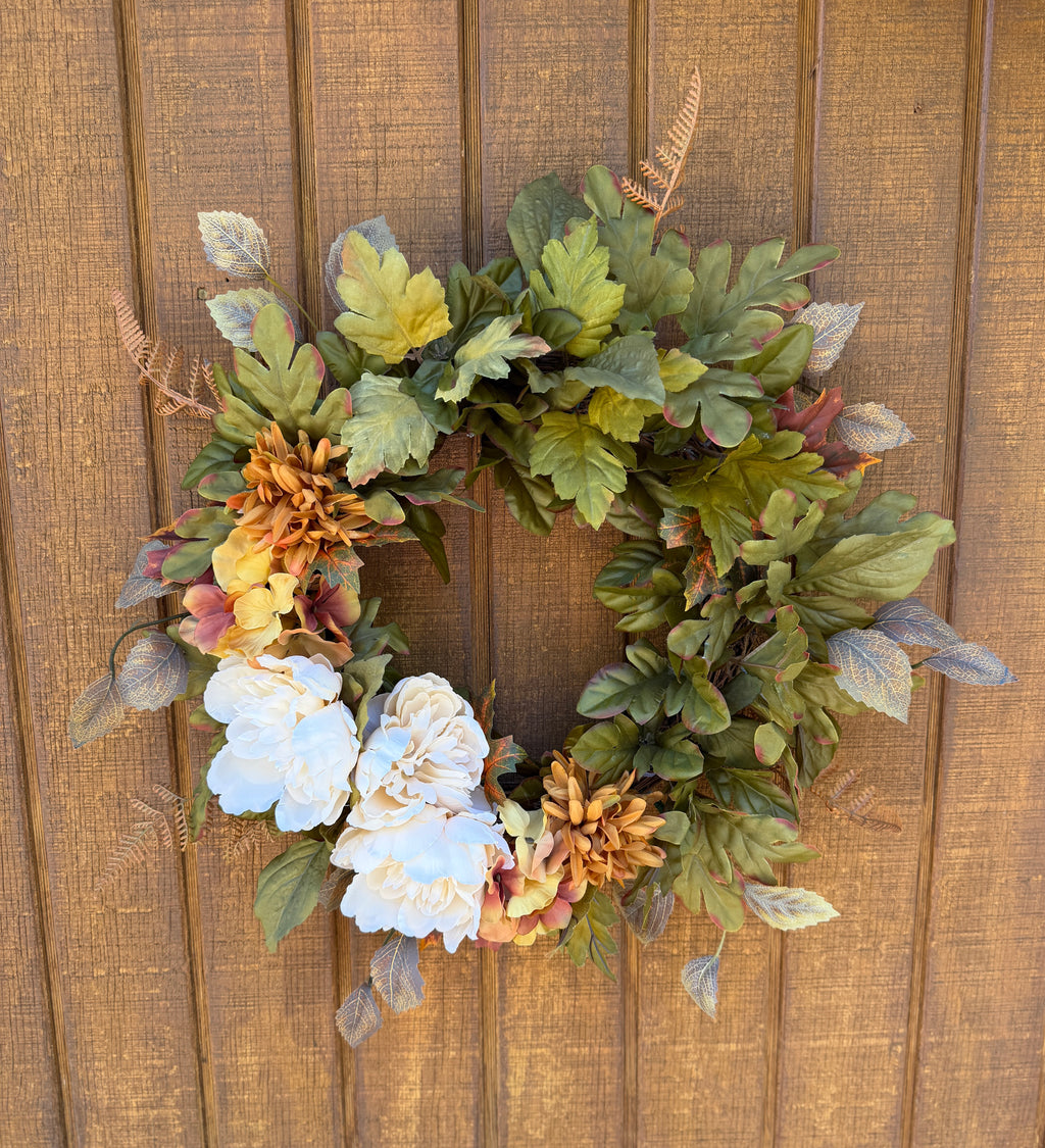 Cream Peony Fall Wreath | Cream, Olive Green & Warm Gold