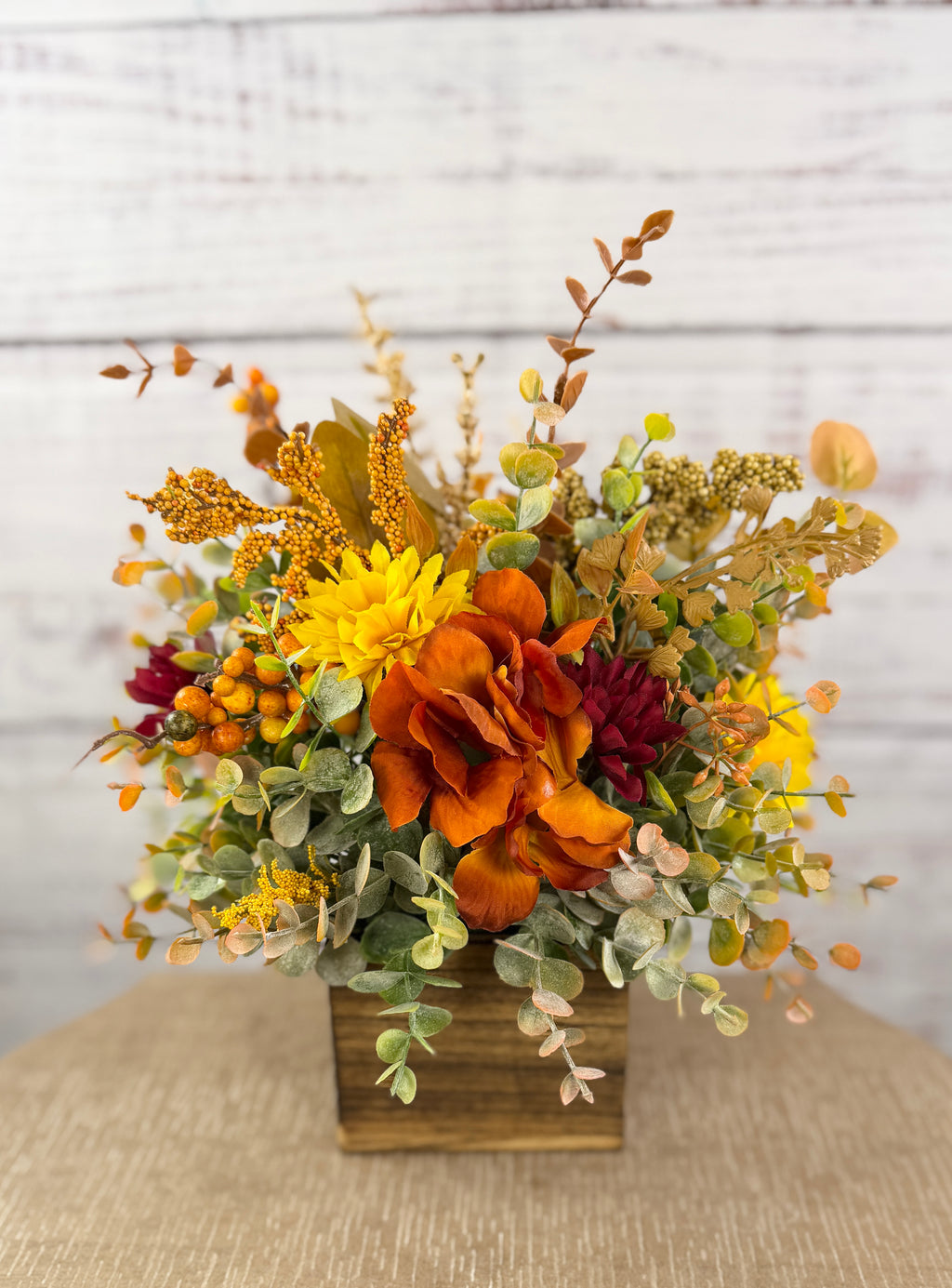 Autumn Grove Fall Floral Arrangement | Wood Cube Centerpiece
