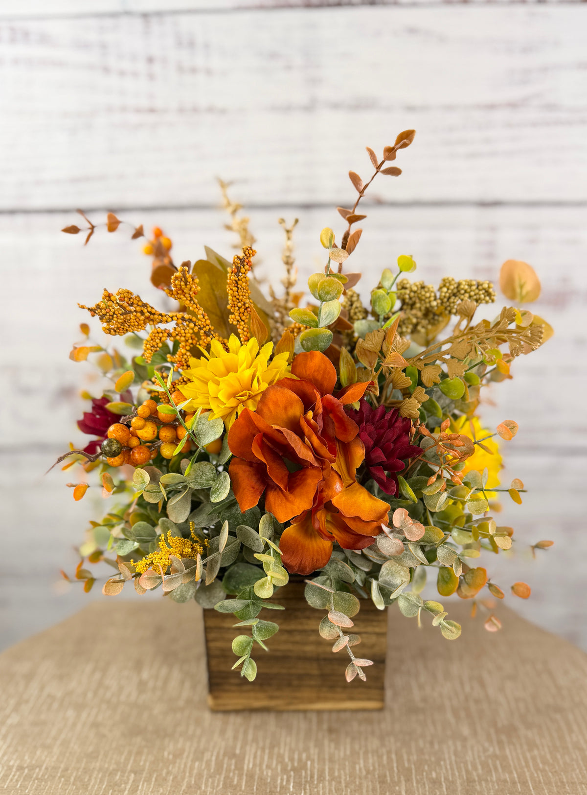 Autumn Grove Fall Floral Arrangement | Wood Cube Centerpiece