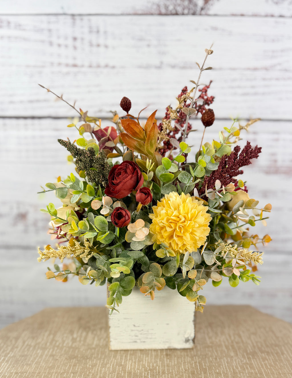 Cottage Crimson – Fall Floral Arrangement in Distressed Wood Cube