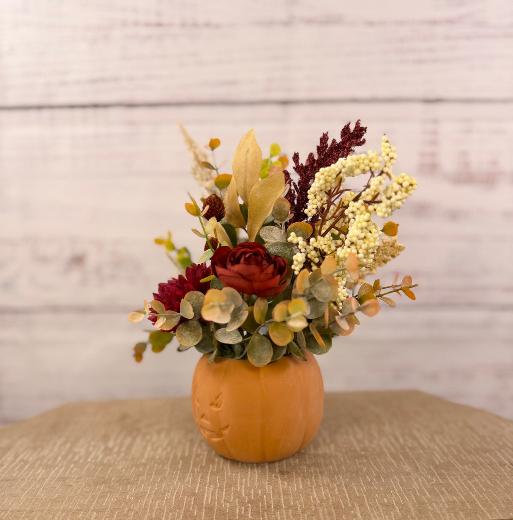 Burgundy Pumpkin Patch – Terracotta Pumpkin Fall Floral Arrangement