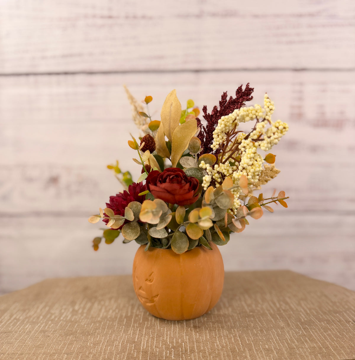 Burgundy Pumpkin Patch – Terracotta Pumpkin Fall Floral Arrangement