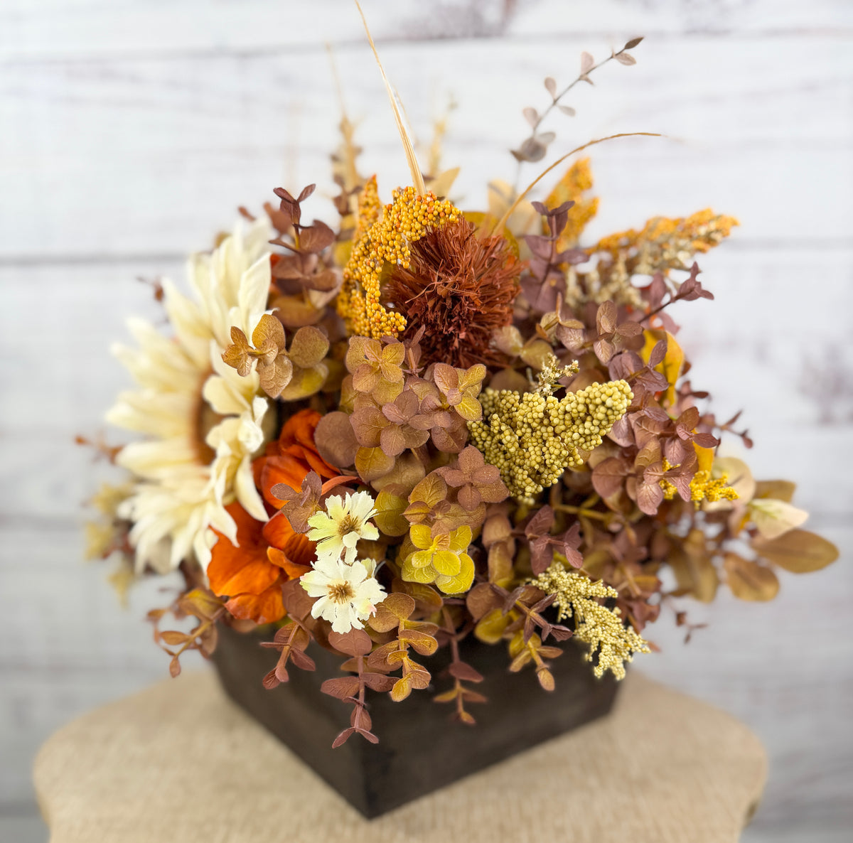 October Sun – Fall Sunflower Wood Trough Arrangement