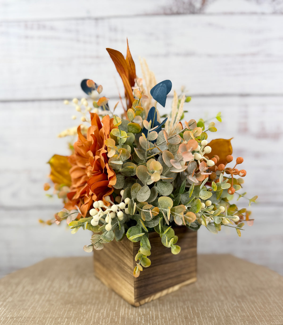 Autumn Blue Fall Floral Arrangement in Wood Cube