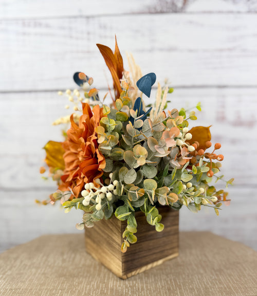 Autumn Blue Fall Floral Arrangement in Wood Cube