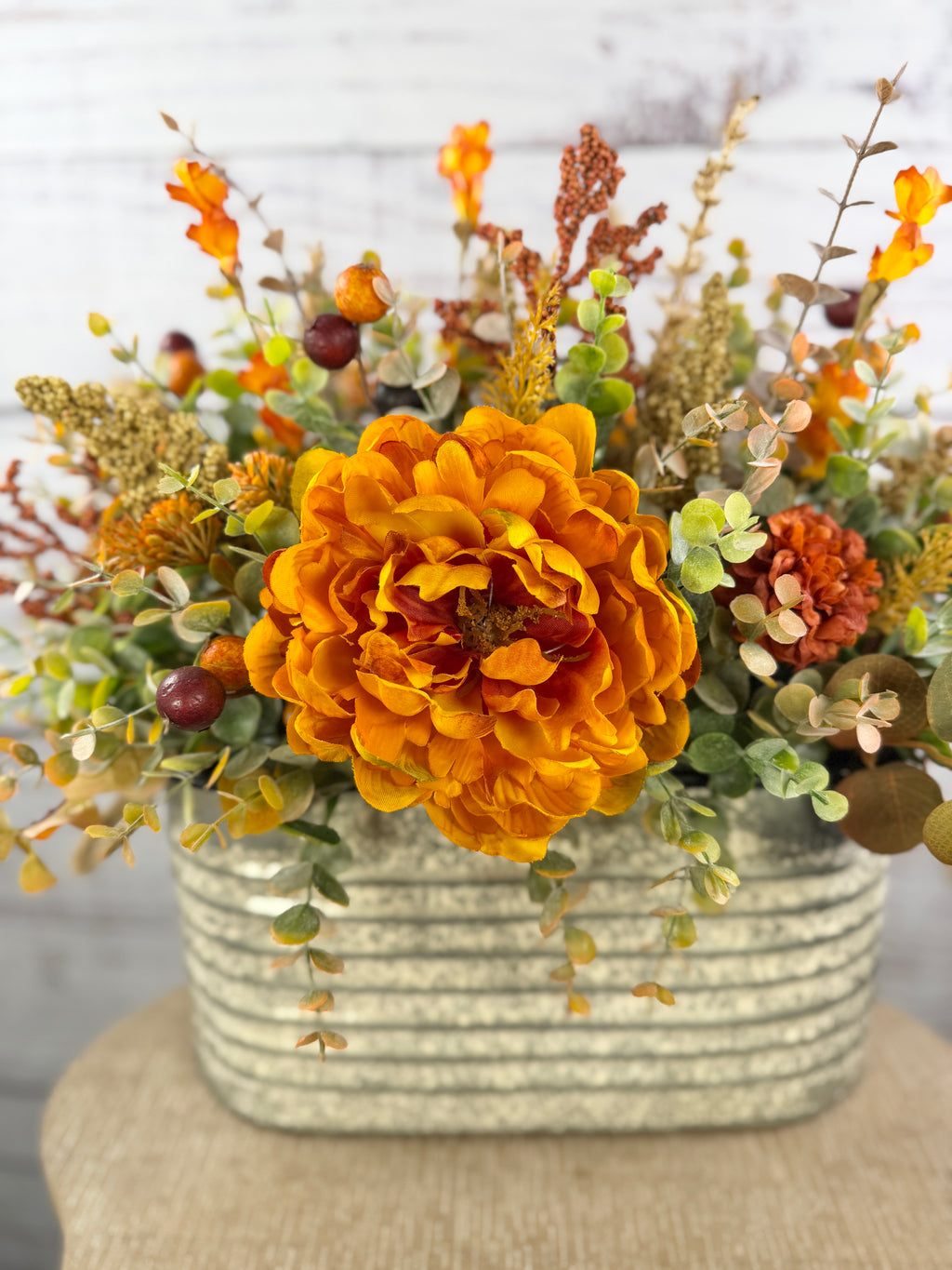 Golden Prairie – Fall Floral Arrangement in Rustic Galvanized Oval Bucket