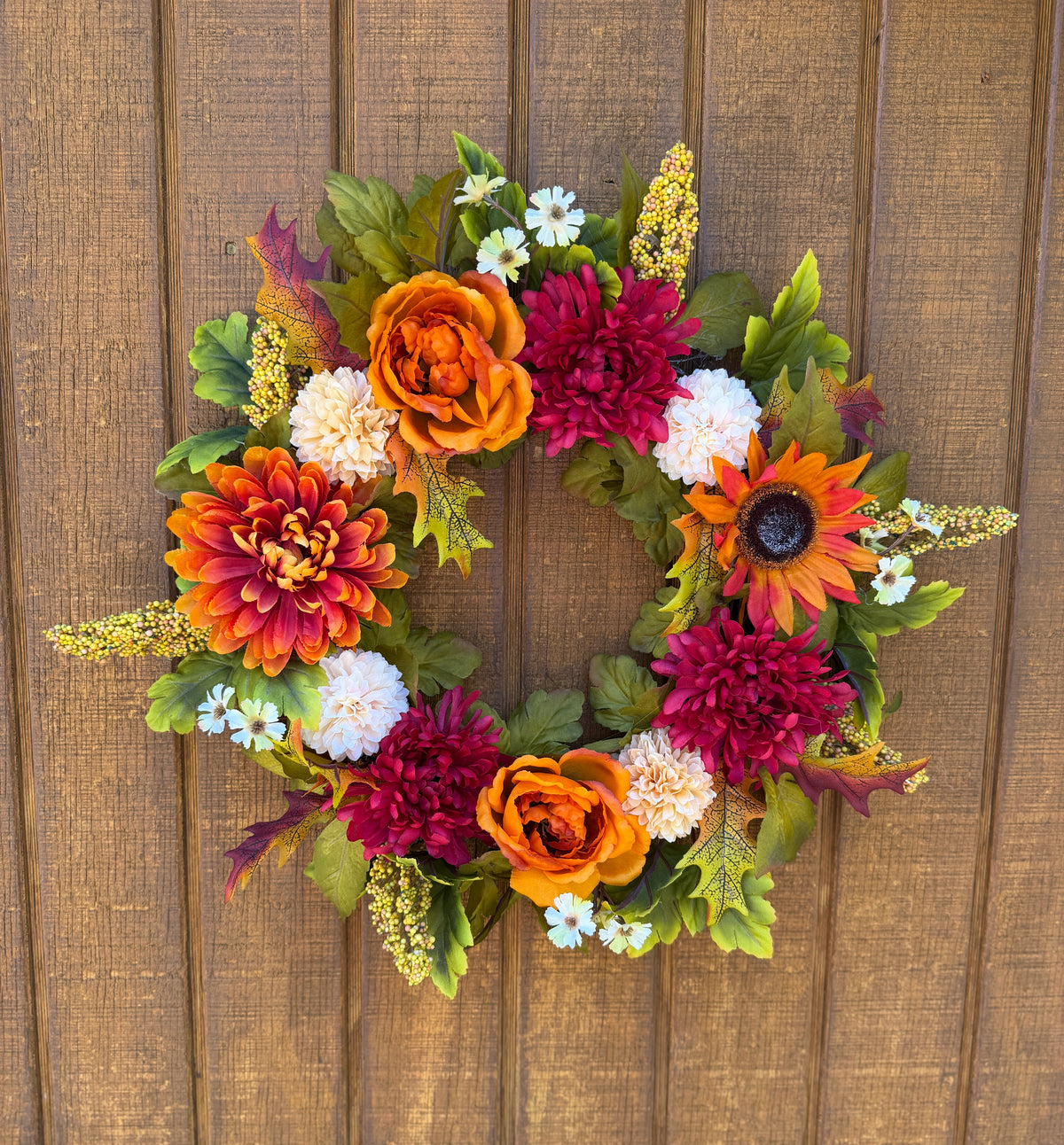 Burgundy Mum & Orange Rose Fall Wreath | Burgundy, Orange & Cream
