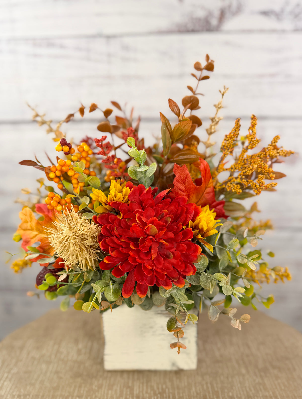 Crimson Harvest – Rustic Fall Floral Arrangement in White Wood Cube