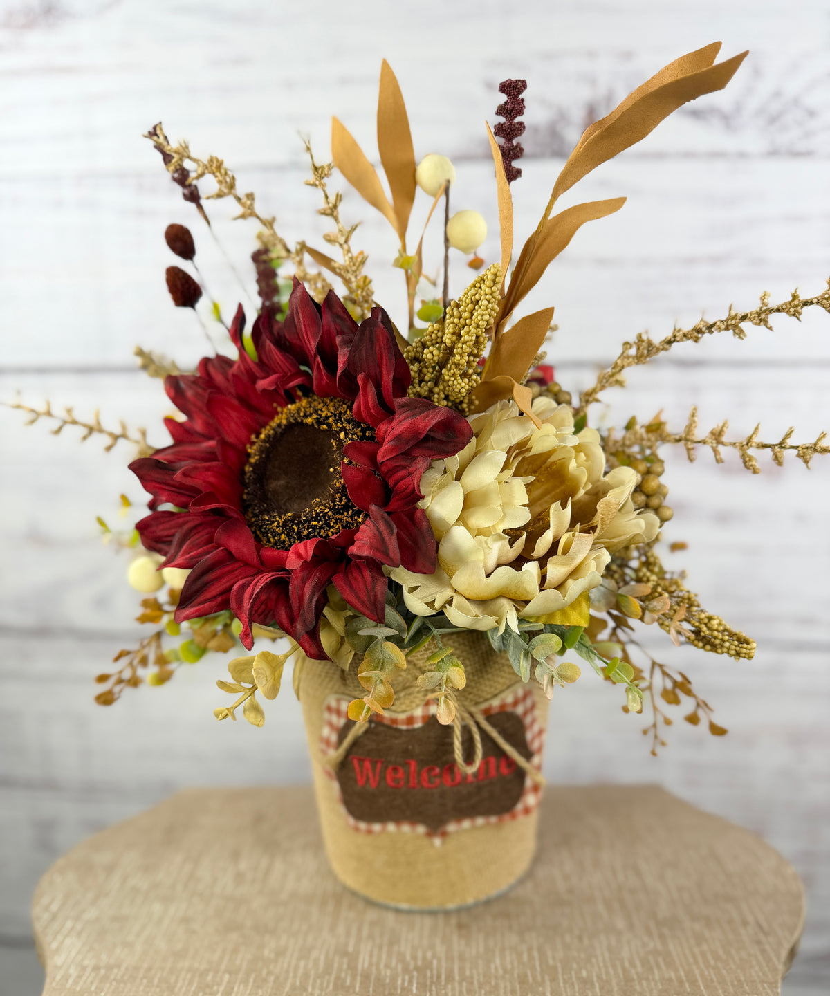 Cranberry Cottage – Burgundy Sunflower Fall Floral Arrangement
